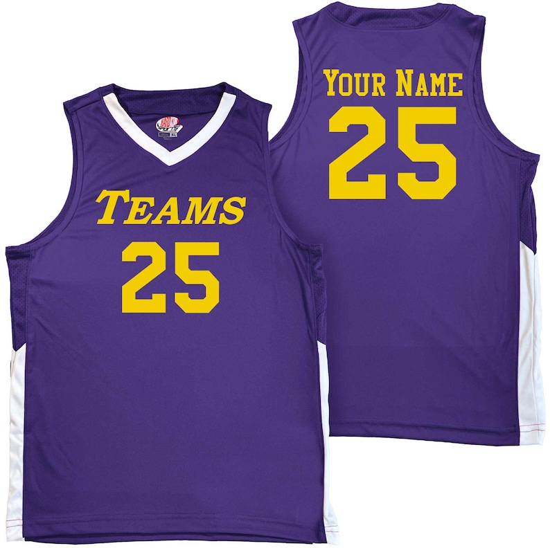 purple and white basketball jersey with gold heat applied vinyl lettering