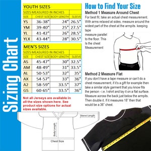 May include: A sizing chart for youth and adult jerseys with instructions on how to measure for the best fit. The chart lists sizes, chest measurements, body length, and sleeve length in inches. The instructions include measuring around the chest and measuring flat.