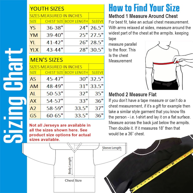 May include: A sizing chart for youth and adult jerseys with instructions on how to measure for the best fit. The chart lists sizes, chest measurements, body length, and sleeve length in inches. The instructions include measuring around the chest and measuring flat.