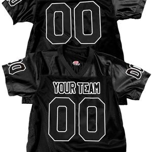 Black football fan jersey full print, front name, back name sleeve numbers in choice of 18 colors and have it outlined in black or white. Really sharp looking design