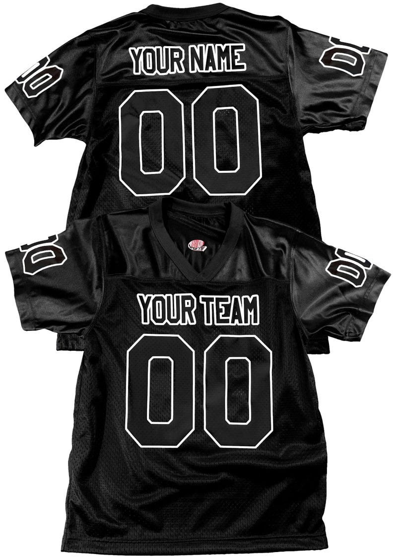 Black football fan jersey full print, front name, back name sleeve numbers in choice of 18 colors and have it outlined in black or white. Really sharp looking design