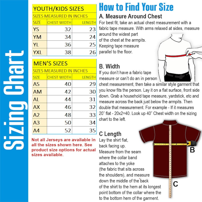 Puede incluir: Una tabla de tallas para jerseys con instrucciones sobre c&oacute;mo medir el ancho y la longitud del pecho. La tabla incluye tallas para j&oacute;venes, ni&ntilde;os y hombres. La tabla est&aacute; ilustrada con un jersey rojo y una cinta m&eacute;trica.