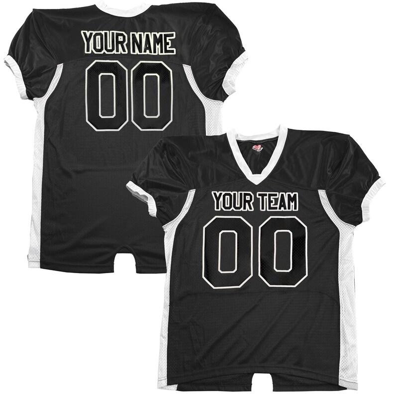 May include: Two black football jerseys with white detailing. One jersey has "YOUR NAME" and the number "00" in white. The other jersey shows "YOUR TEAM" and the number "00" in white. Both jerseys have a V-neck collar.