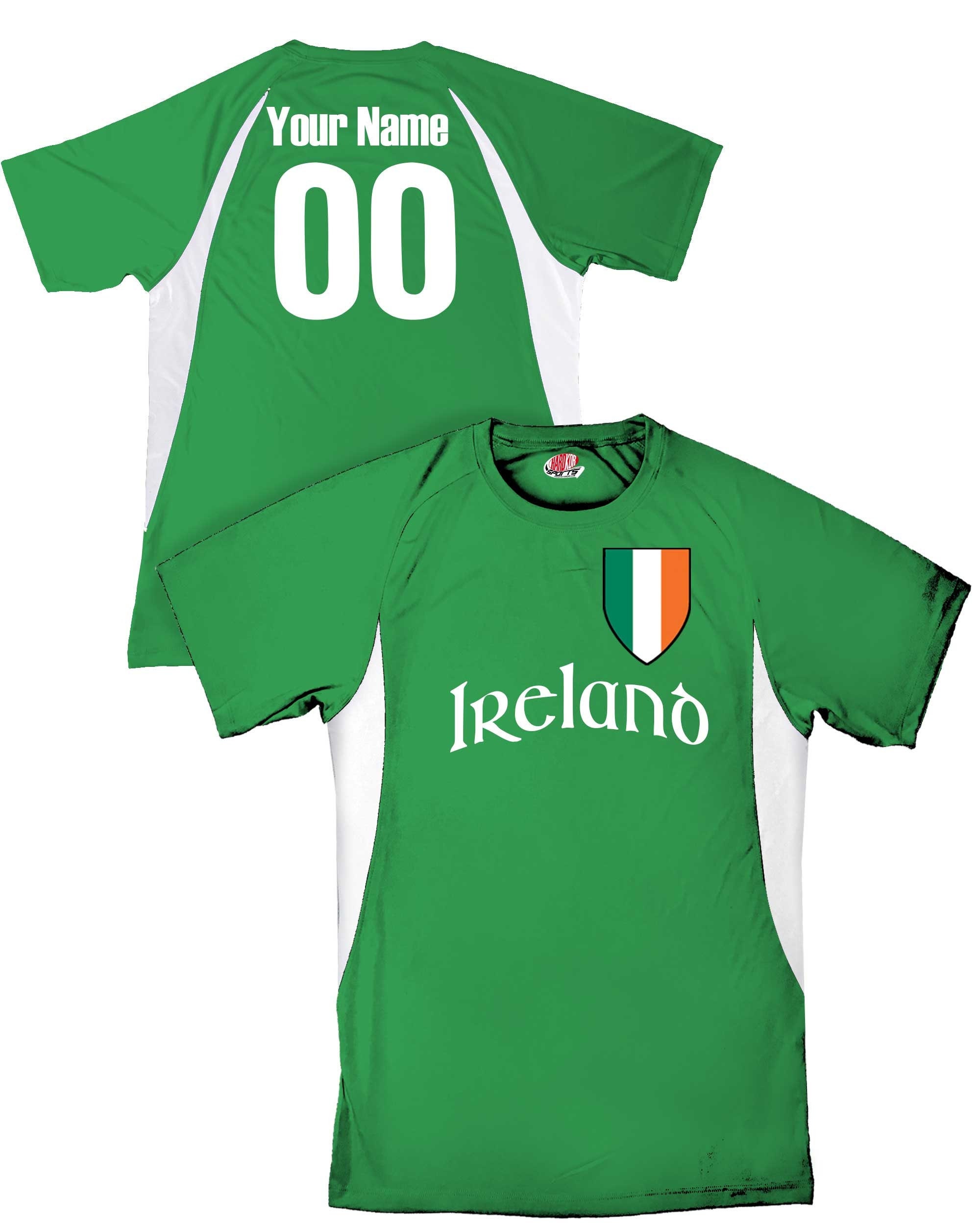 HKsportswear Custom Ireland Soccer Jersey with Irish Flag Shield Design | Personalized with Your Name and Number in Your Choice of Colors