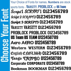 May include: Image displaying various font styles for names and numbers. It features sports fonts like Varsity, Problock, and US Team, alongside other styles including Script1, Script2, Script3, Aero, Western, English, Tango, Corporate, and Bookman.