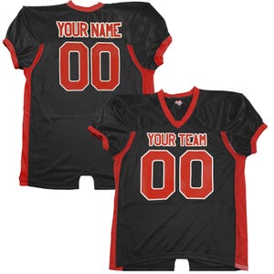May include: Black football jersey with red trim and the number "00". The jersey features the text "YOUR NAME" on the back and "YOUR TEAM" on the front. It is short-sleeved with a V-neck.