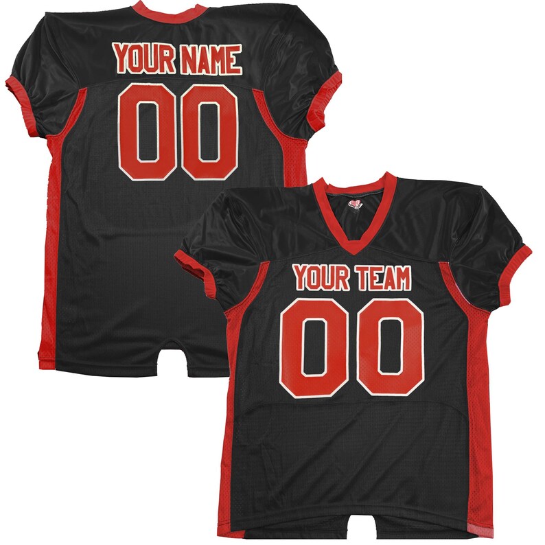 May include: Black football jersey with red trim and the number "00". The jersey features the text "YOUR NAME" on the back and "YOUR TEAM" on the front. It is short-sleeved with a V-neck.