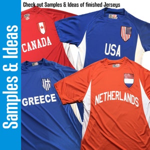 May include: Four soccer jerseys with different country flags and names. The jerseys are red, blue, and orange with white accents. The flags are Canada, USA, Greece, and Netherlands.