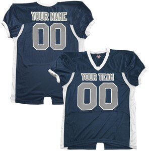 May include: Navy blue football jersey with white and grey detailing. The jersey displays the text "YOUR NAME" and "YOUR TEAM" across the shoulders, with the number "00" on the front and back. It has a V-neck and short sleeves.