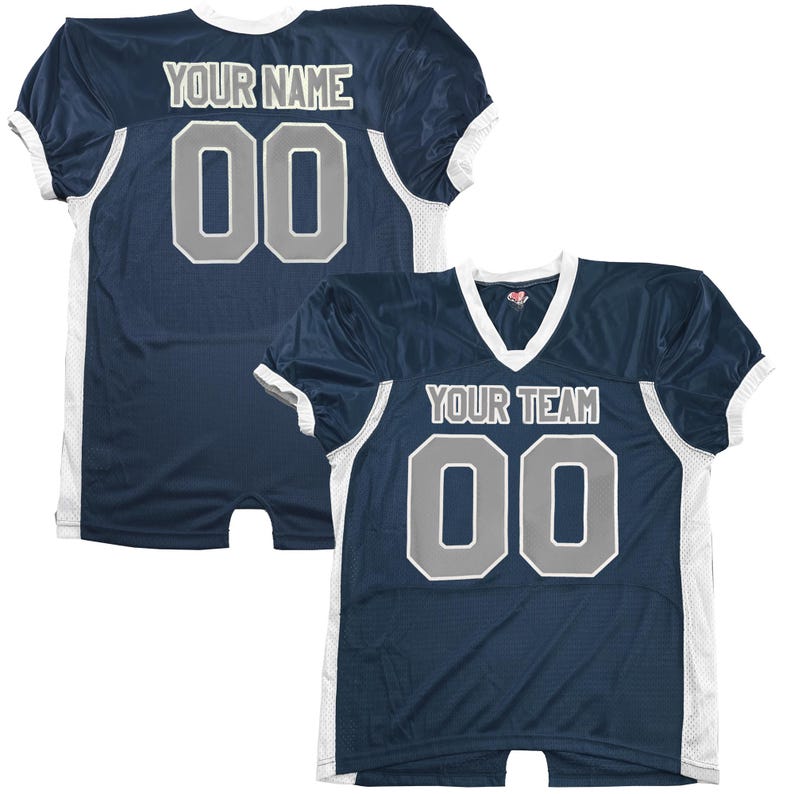 May include: Navy blue football jersey with white and grey detailing. The jersey displays the text "YOUR NAME" and "YOUR TEAM" across the shoulders, with the number "00" on the front and back. It has a V-neck and short sleeves.