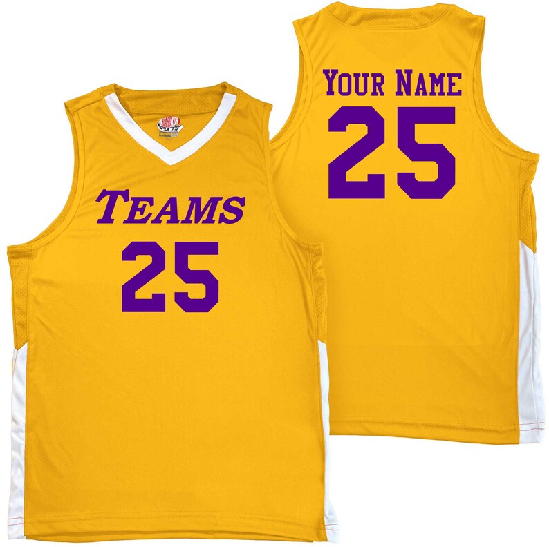 gold and white basketball jersey with purple heat applied vinyl lettering