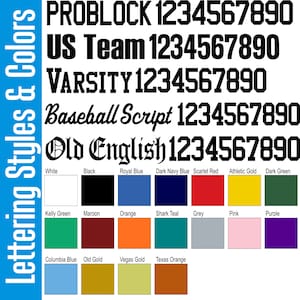 Puede incluir: Un gr&aacute;fico que muestra diferentes estilos de letras y colores para texto. Los estilos incluyen Problock, US Team, Varsity, Baseball Script y Old English. Los colores incluyen blanco, negro, azul real, azul marino oscuro, rojo escarlata, oro atl&eacute;tico, verde oscuro, verde kelly, marr&oacute;n, naranja, azul tibur&oacute;n, gris, rosa, morado, azul columbia, oro viejo, oro de Las Vegas y naranja de Texas.