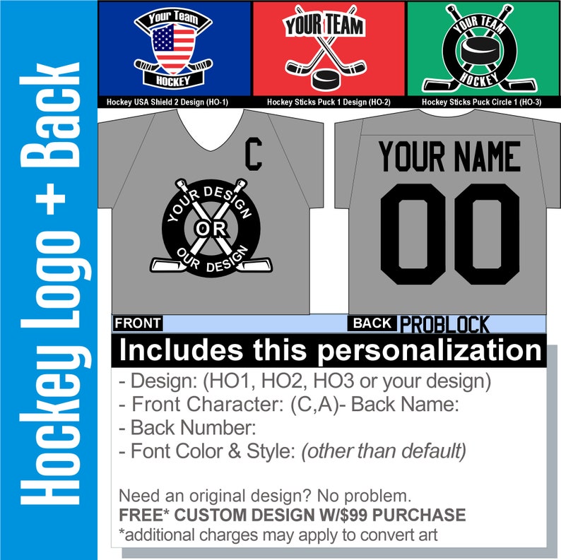 May include: A gray hockey jersey with a black and white design on the front. The front design includes the words "Your Design" and "Our Design" with a hockey stick and puck graphic. The back of the jersey has the text "Your Name" and the number "00" in black. The jersey is customizable with a choice of three hockey-themed designs or a custom design.