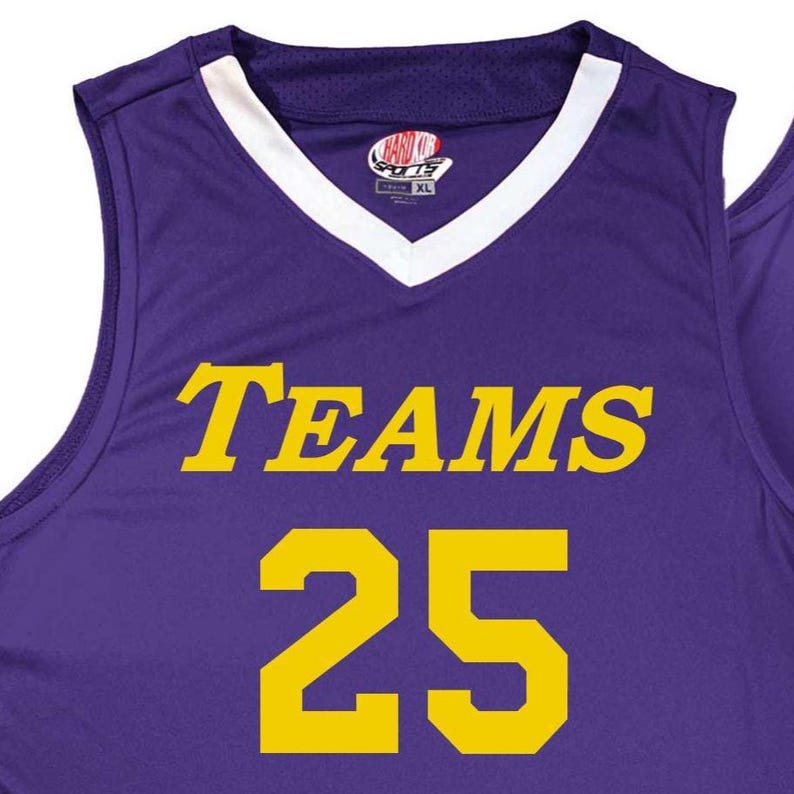 purple and white basketball jersey with gold heat applied vinyl lettering front print only