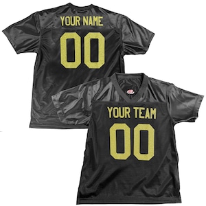 Camiseta de fútbol negra personalizada, opciones personalizadas, nombres, números, 1 o 2 colores, logotipo y números en las mangas. Glitter Gold Print