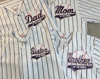 Custom Mom of the Rookie Pinstriped Real Baseball Jersey| Full Button Down, Pro Material White or Grey with Black, Navy or Red Pinstripes