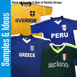 May include: Four soccer jerseys with different country names and crests. The jerseys are yellow, blue, blue, and green. The names on the jerseys are "SVERIGE", "PERU", "GREECE", and "ireland".