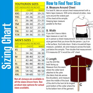 May include: A chart showing youth and men's sizes for jerseys. The chart lists sizes and corresponding chest and waist measurements in inches. The chart also includes instructions on how to measure your chest, width, and length for a proper fit.