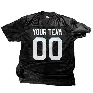 Economical choice - just have the front name and number. The black football fan jersey can be customized in your choice of 18 vinyl print colors.