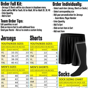 May include: A chart with sizing information for youth and adult jerseys, shorts, and socks. The chart includes measurements in inches for chest width, length, waist, and inseam. The chart also includes a sock sizing chart with measurements in shoe size for youth, women's, and men's sizes.