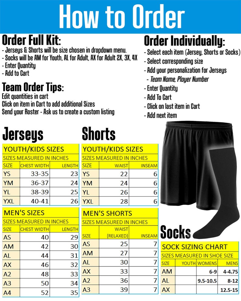 May include: A chart with sizing information for youth and adult jerseys, shorts, and socks. The chart includes measurements in inches for chest width, length, waist, and inseam. The chart also includes a sock sizing chart with measurements in shoe size for youth, women's, and men's sizes.