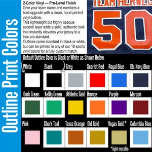 May include: A navy blue jersey with the number 50 in orange and white. The image also displays a colour chart with 18 vinyl colours for custom jersey outlines, including white, black, grey, and various shades of red, blue, green, and gold.