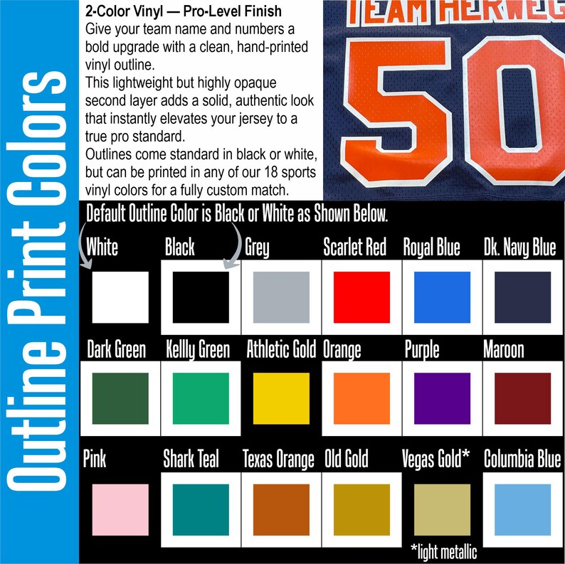 May include: A navy blue jersey with the number 50 in orange and white. The image also displays a colour chart with 18 vinyl colours for custom jersey outlines, including white, black, grey, and various shades of red, blue, green, and gold.