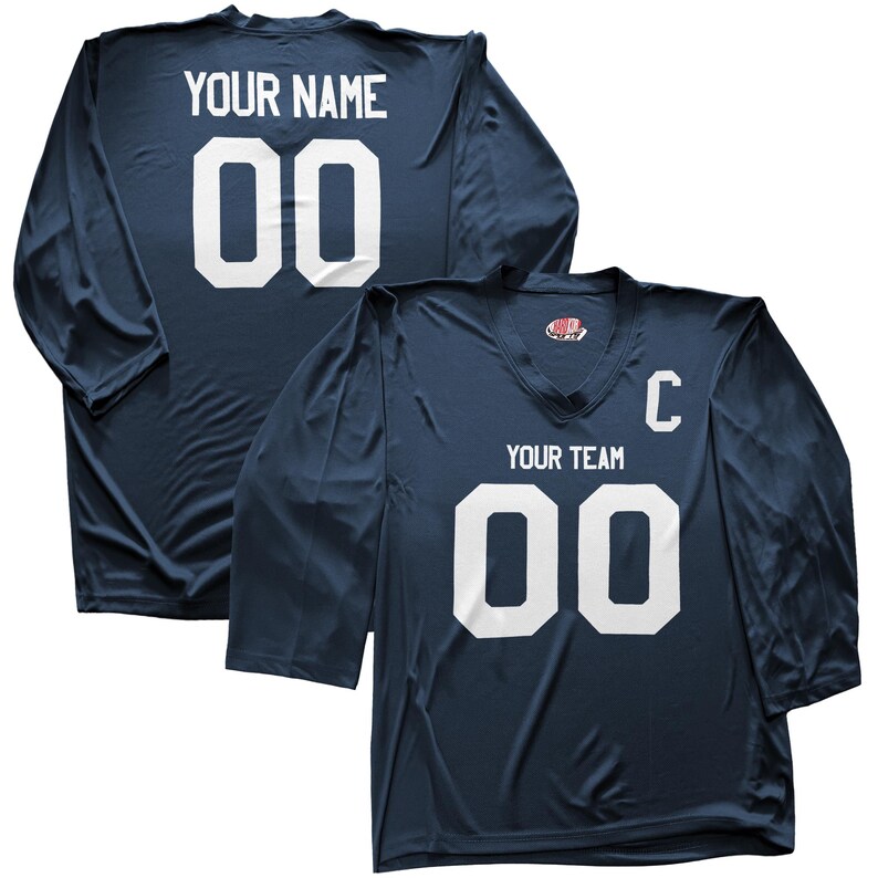 Camiseta de hockey personalizada con nombre y número para jóvenes y adultos. Regalo ideal. Impresión económica en vinilo. Navy Blue Full Print