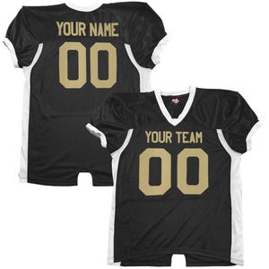 May include: Two black football jerseys with gold lettering and numbers. One jersey reads "YOUR NAME" and "00". The other reads "YOUR TEAM" and "00". Both jerseys have white accents.