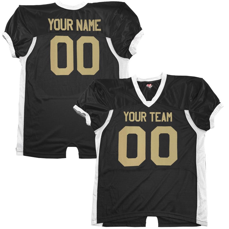 May include: Two black football jerseys with gold lettering and numbers. One jersey reads "YOUR NAME" and "00". The other reads "YOUR TEAM" and "00". Both jerseys have white accents.