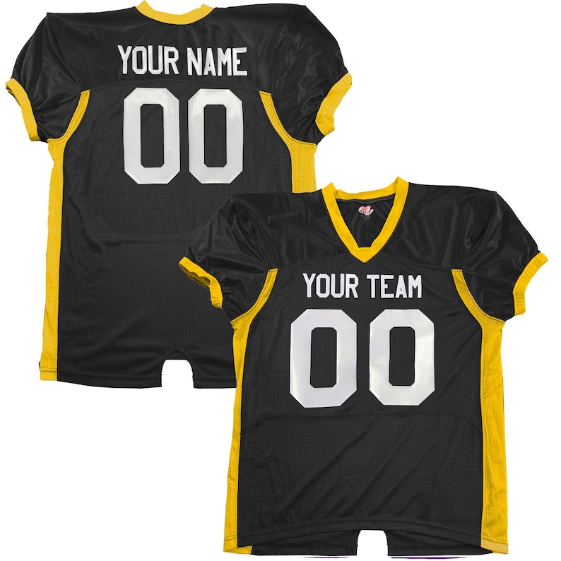 May include: Black and gold football jersey with the text "YOUR NAME" and the number "00" on the back. The front jersey has the text "YOUR TEAM" and the number "00".