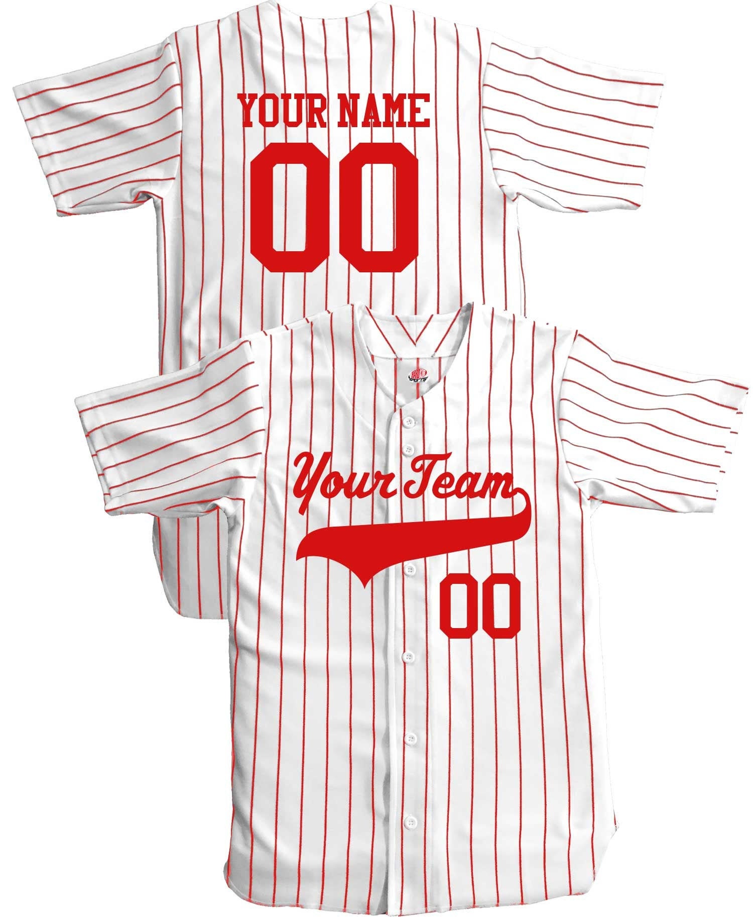 Custom Pinstriped Baseball Jersey| Full Button Down, White with Scarlet Red Pinstripes Personalized Jersey with Your Team, Player, Numbers