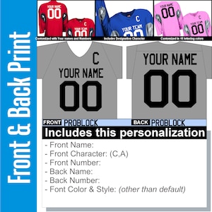 May include: A customizable gray football jersey with a black number 00 and the text "YOUR NAME" on the front. The back of the jersey has the same number and text. The jersey is shown with a blue, red, and pink jersey in the background. The text "FRONT PROBLOCK" and "BACK PROBLOCK" are shown below the jerseys. The text "Includes this personalization" is shown below the jersey with a list of customization options.