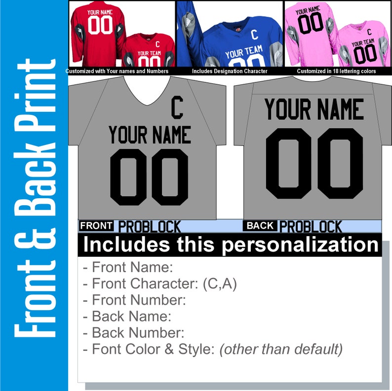 May include: A customizable gray football jersey with a black number 00 and the text "YOUR NAME" on the front. The back of the jersey has the same number and text. The jersey is shown with a blue, red, and pink jersey in the background. The text "FRONT PROBLOCK" and "BACK PROBLOCK" are shown below the jerseys. The text "Includes this personalization" is shown below the jersey with a list of customization options.