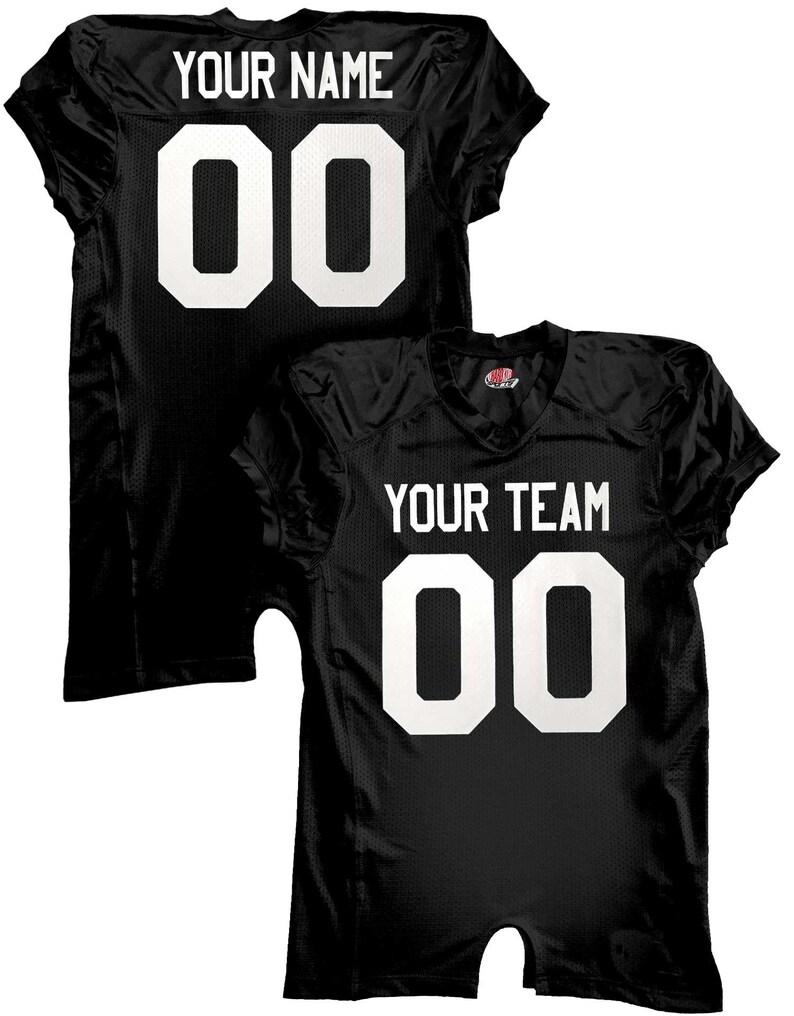 May include: Black football jersey with white numbers and text. The back of the jersey says "YOUR NAME" and "00". The front of the jersey says "YOUR TEAM" and "00".
