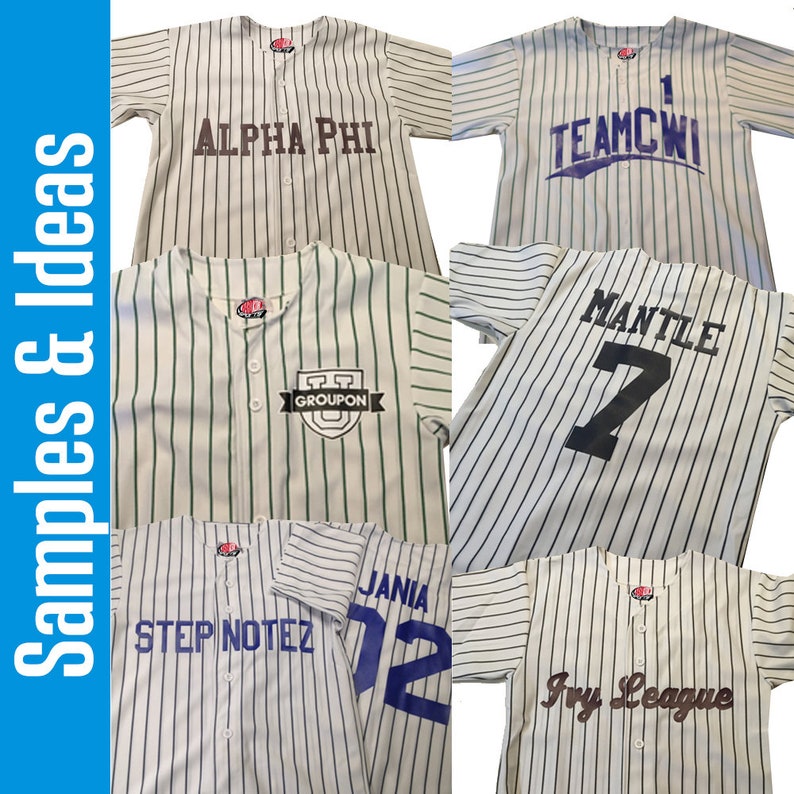 Custom Pinstriped Baseball Jersey Full Button Down, White with VERY DARK Navy Blue Pinstripes Personalized Jersey with Team, Player, Number afbeelding 6