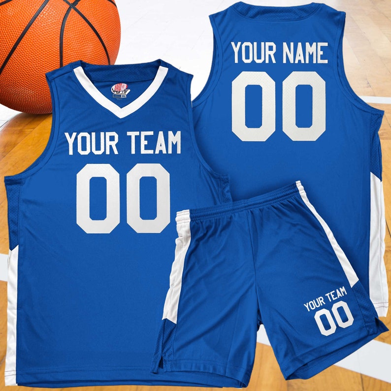 Custom Basketball Jerseys Red, Black, White and Blue Home and Away Old School Style includes Team Name, Player Name and Player Number image 1