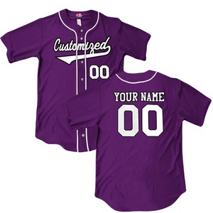 Wedge 2 color print Purple button down Baseball Jersey with white piping. Your team Customized as a professional looking full button down baseball jersey. Printed with team name, player name and numbers