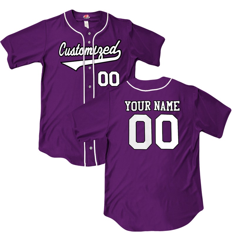 Wedge 2 color print Purple button down Baseball Jersey with white piping. Your team Customized as a professional looking full button down baseball jersey. Printed with team name, player name and numbers