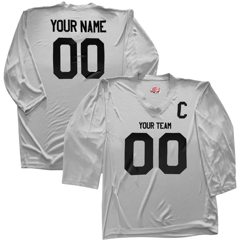 Camiseta de hockey personalizada con nombre y número para jóvenes y adultos. Regalo ideal. Impresión económica en vinilo. Grey Full Print