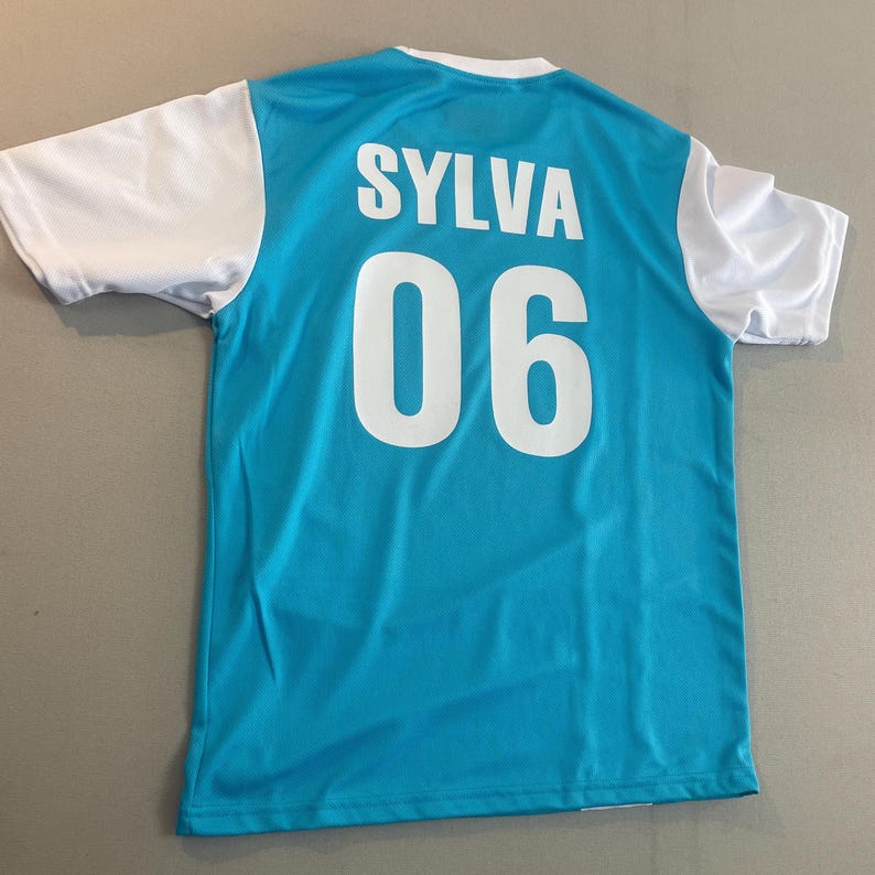 May include: A turquoise and white athletic jersey. The back of the jersey features the name "SYLVA" above the number "06" in white block letters. The sleeves are white.