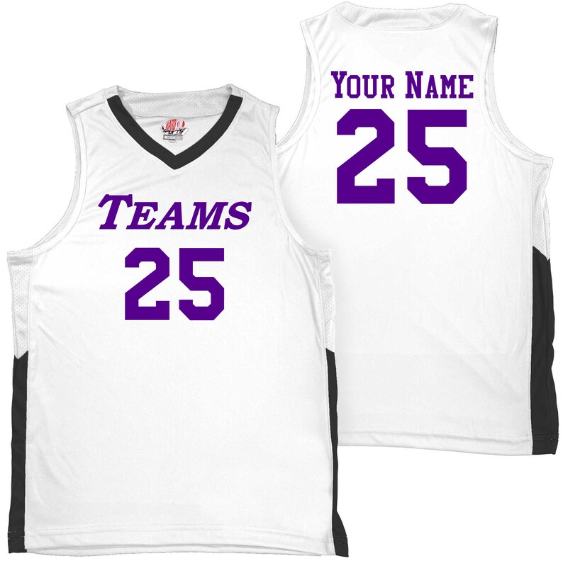 white and black basketball jersey with purple heat applied vinyl lettering
