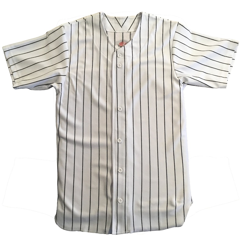 Custom Pinstriped Baseball Jersey Full Button Down, White with VERY DARK Navy Blue Pinstripes Personalized Jersey with Team, Player, Number afbeelding 8