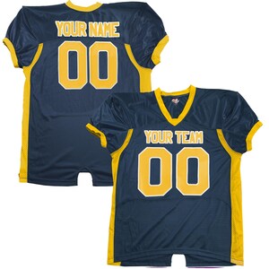 May include: Navy blue football jersey with gold trim. The jersey displays the text "YOUR NAME" and the number "00" on the back. The front of the jersey has the text "YOUR TEAM" and the number "00".