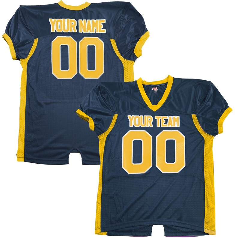 May include: Navy blue football jersey with gold trim. The jersey displays the text "YOUR NAME" and the number "00" on the back. The front of the jersey has the text "YOUR TEAM" and the number "00".