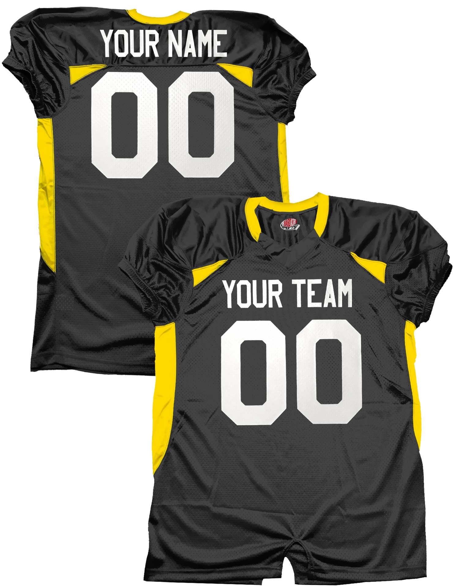 Team Professional Game Fitted Custom Football Jersey, Black, Navy, Gold, Stretch Mesh, Dazzle, SPANDEX, Team Name, Player Name and Numbers