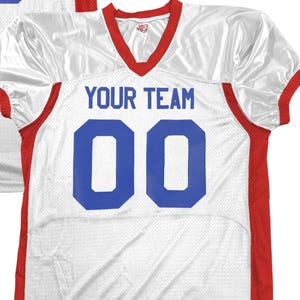 Custom Pro Fit Football Jersey, Personalized Name Number, Red White Blue Fan Apparel Wht-Roy-Red|Front