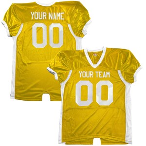 May include: Two yellow football jerseys with white detailing. One jersey has "YOUR NAME" and the number "00". The other shows "YOUR TEAM" and the number "00". Both jerseys feature a V-neck design.