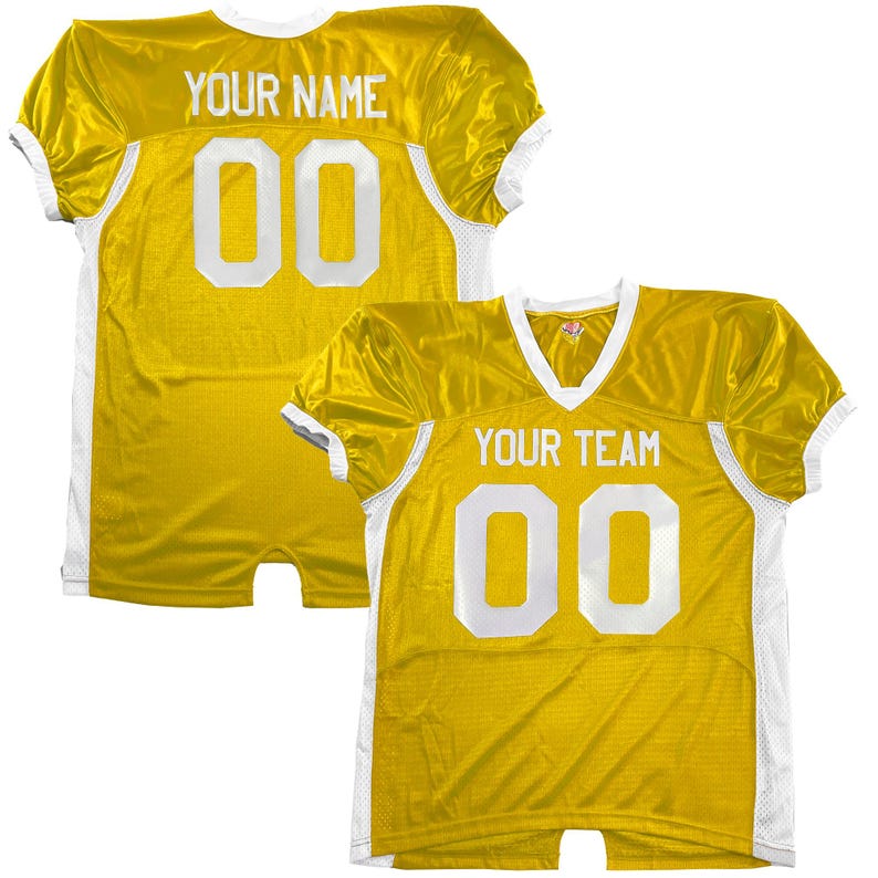 May include: Two yellow football jerseys with white detailing. One jersey has "YOUR NAME" and the number "00". The other shows "YOUR TEAM" and the number "00". Both jerseys feature a V-neck design.