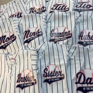 Custom Mom of the Rookie Pinstriped Real Baseball Jersey| Full Button Down, Pro Material White or Grey with Black, Navy or Red Pinstripes